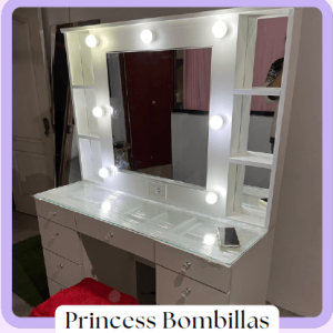 Tocador 1.20m Princess Bombillas con Espejo y Luces LED | Blanco Moderno